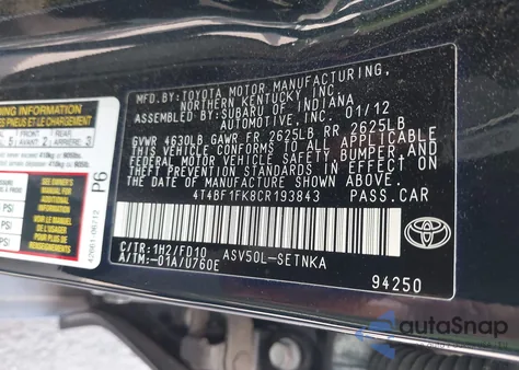 2012 Toyota Camry Le from USA, damaged, VIN 4T4BF1FK8CR193843